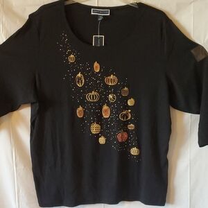 Karen Scott Black 3X Top Embellished with Gold/Orange Rhinestone Pumpkins  NEW